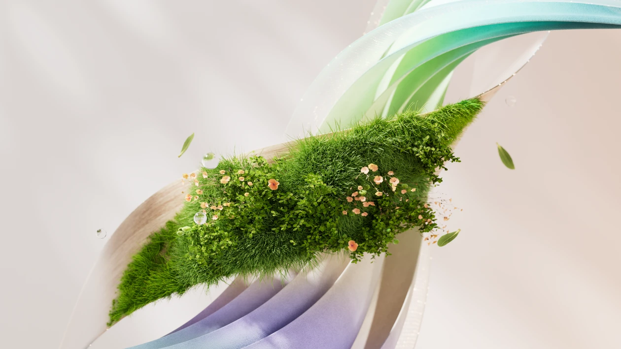 Decorative image of an abstract circular ribbons with greenery and blue and purple elements.