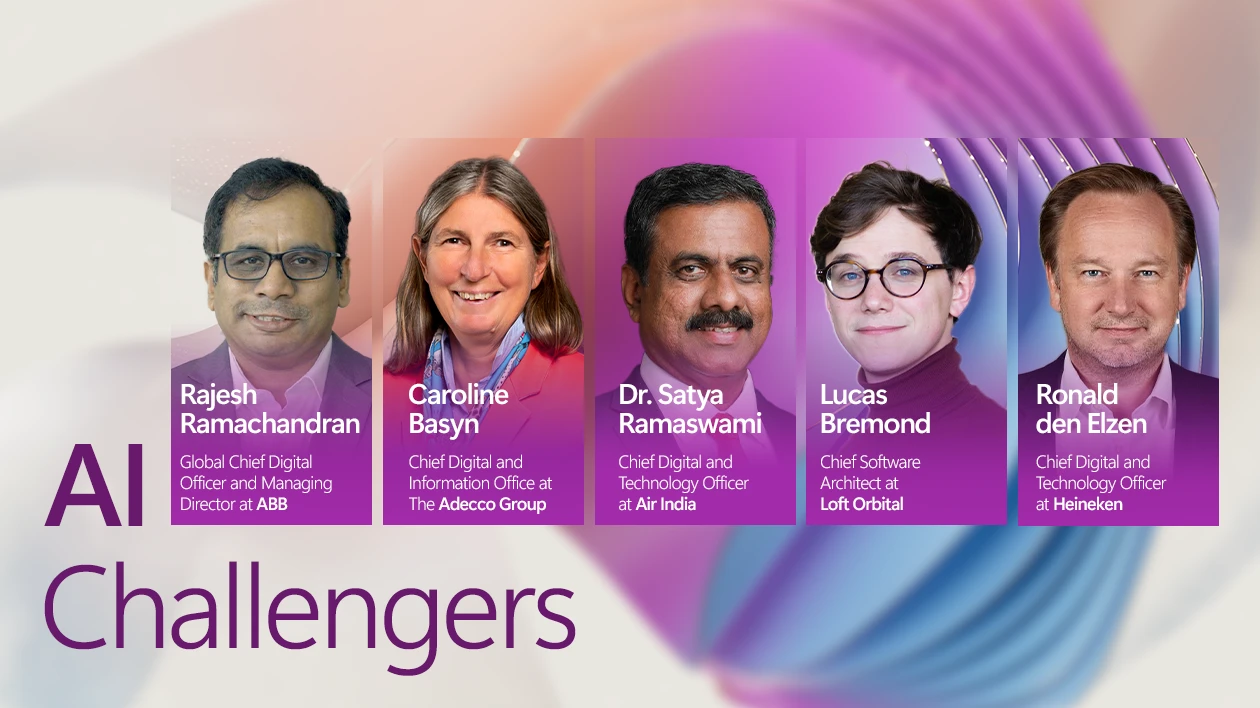 A decorative graphic with five headshots of business leaders on a purple and orange background with the text "AI Challengers" on the bottom left.