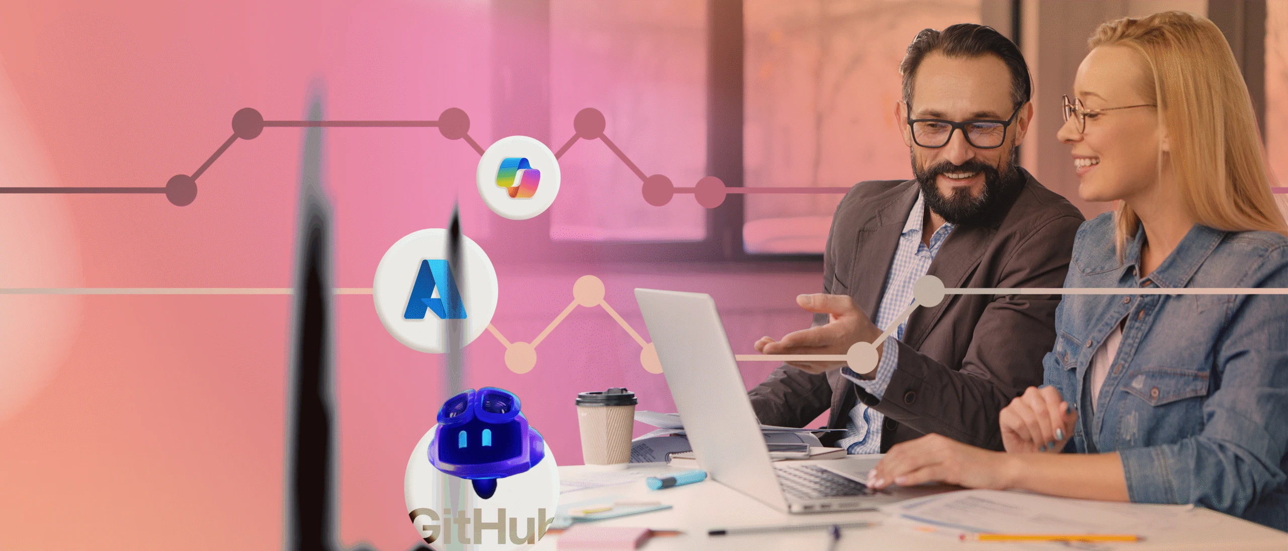 Colleagues looking at a laptop. Icons of Microsoft Copilot, Github and Azure are featured