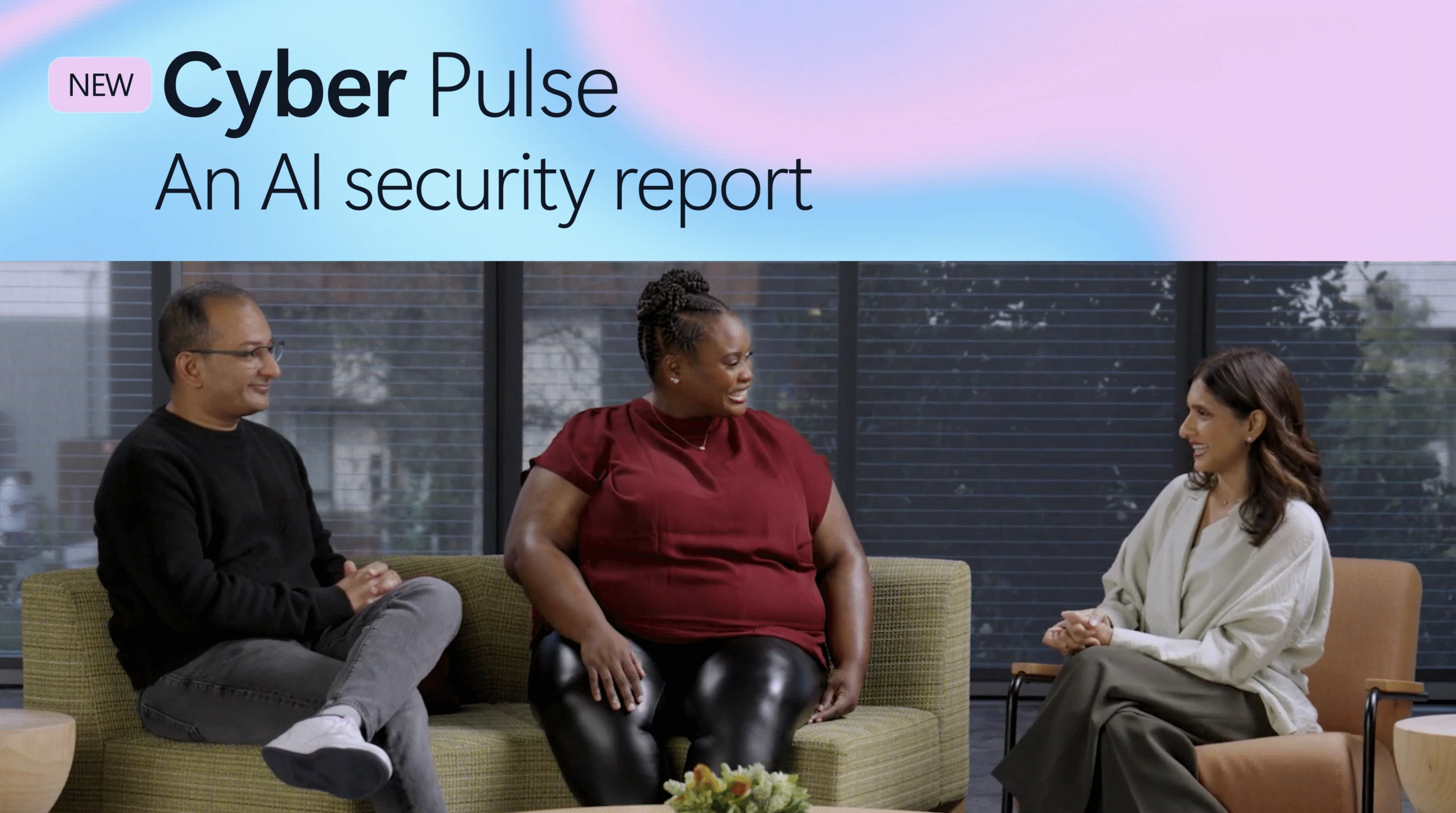 Abstract background with the text "Cyber Pulse An AI security report" and an image of three people sitting and talking.