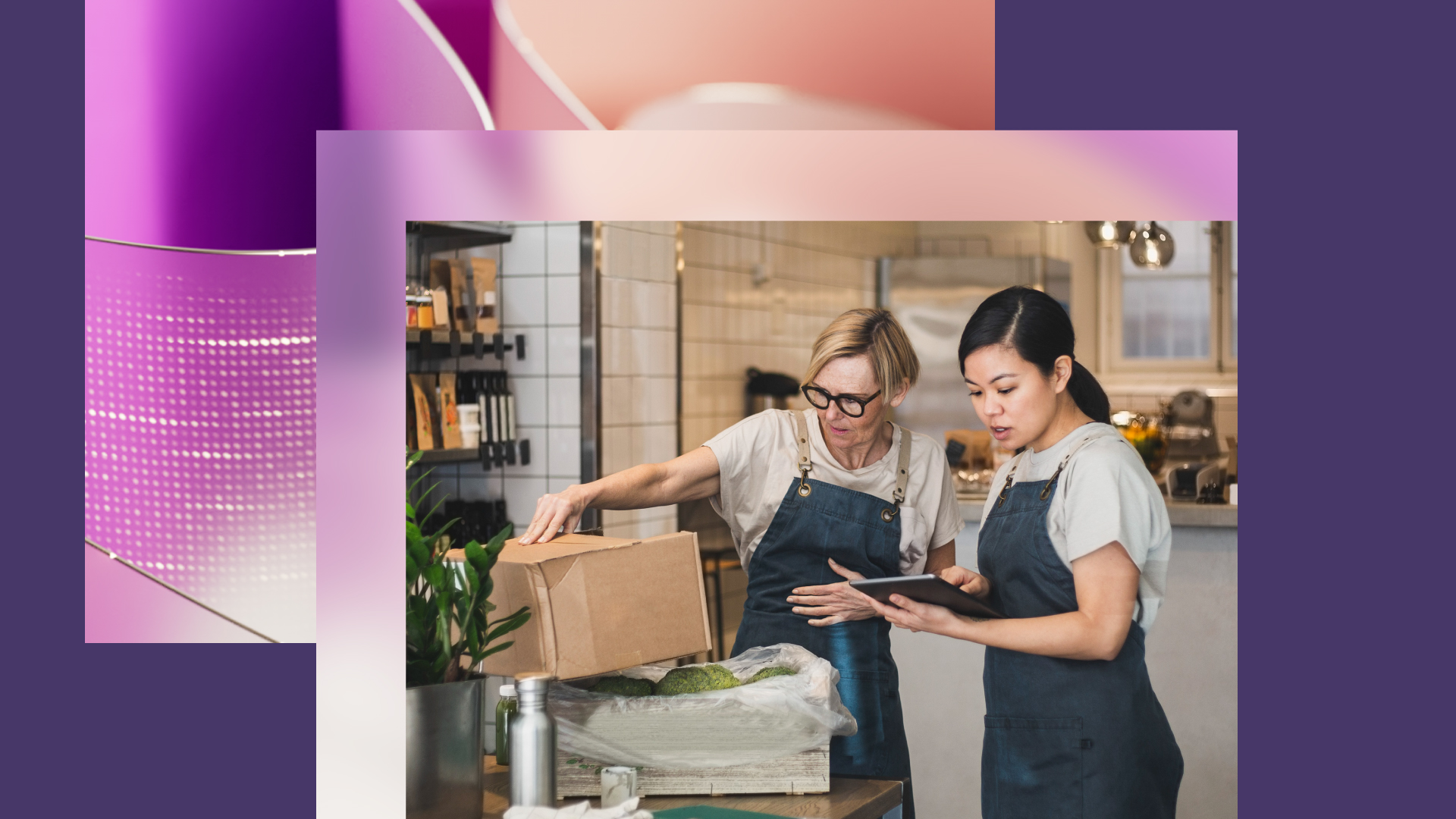 Abstract design with image of two small business workers opening an package