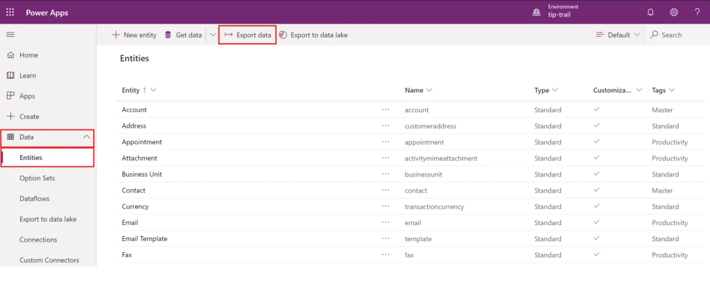 Export Data tab screenshot