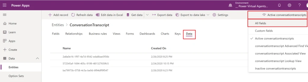 Entities data tab screenshot