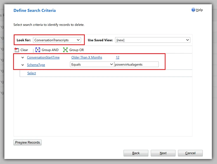 Define Search Criteria screenshot