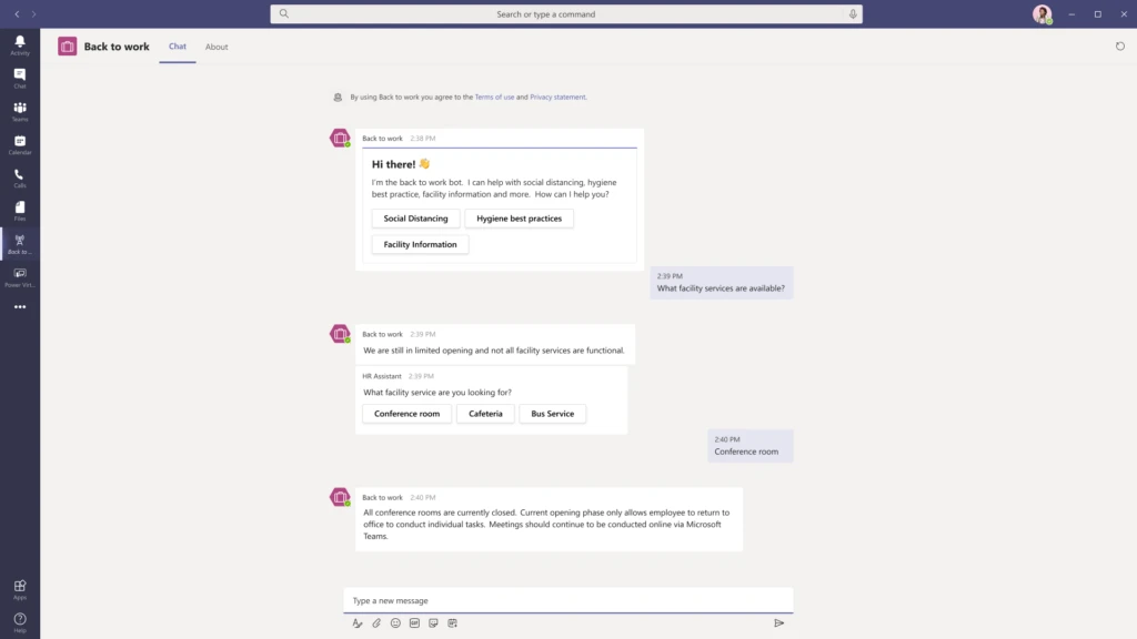 UI of chat with the Back to Work bot.
