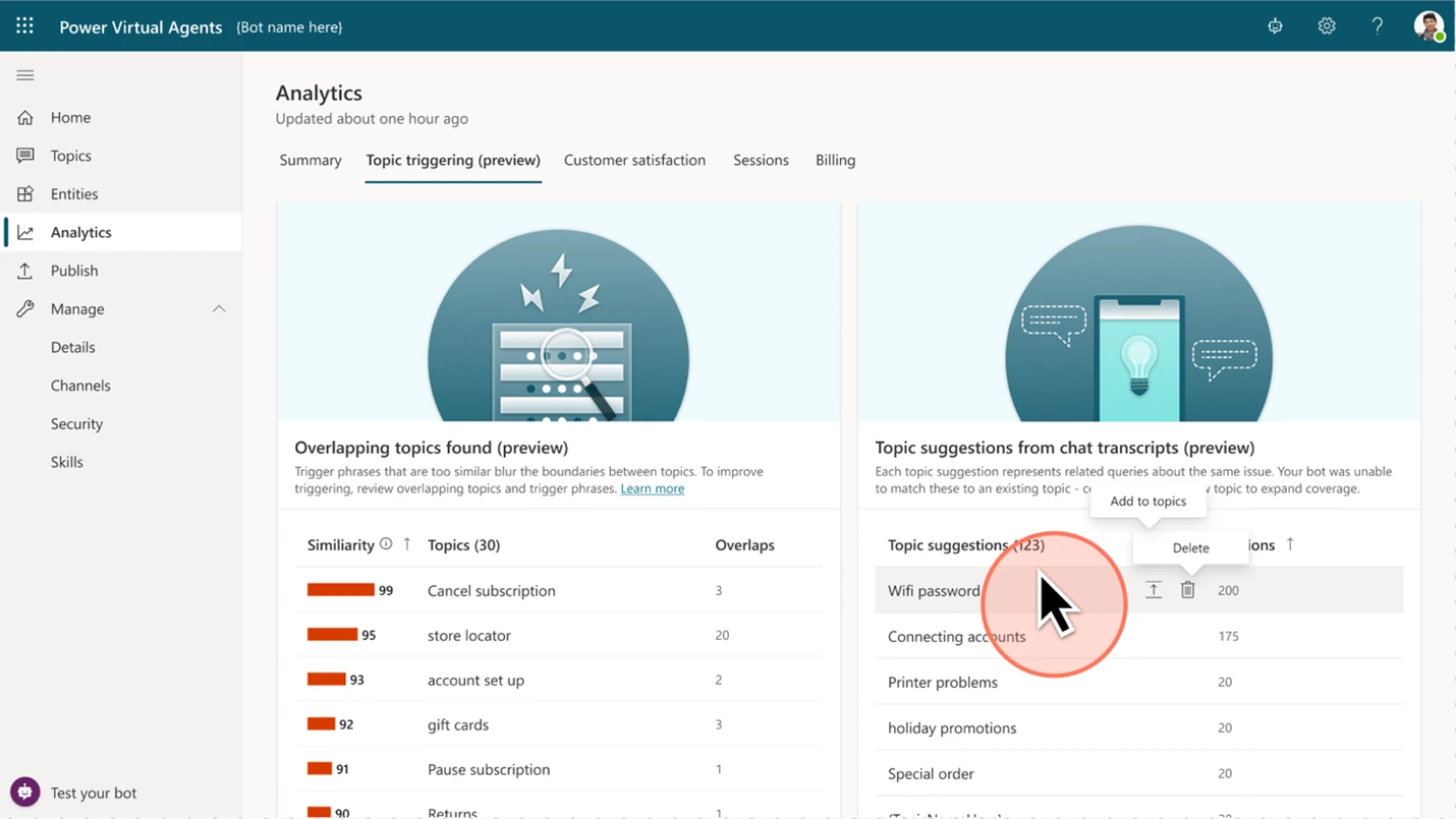 As users chat with the bot, the system will Analyzes chat transcripts for end user queries that don&rsquo;t trigger a topic, suggest new topics the maker should consider adding that will help you address those gaps. For example, when a lot of users are talking about &ldquo;Thanksgiving hours&rdquo;, you should create a topic for this.