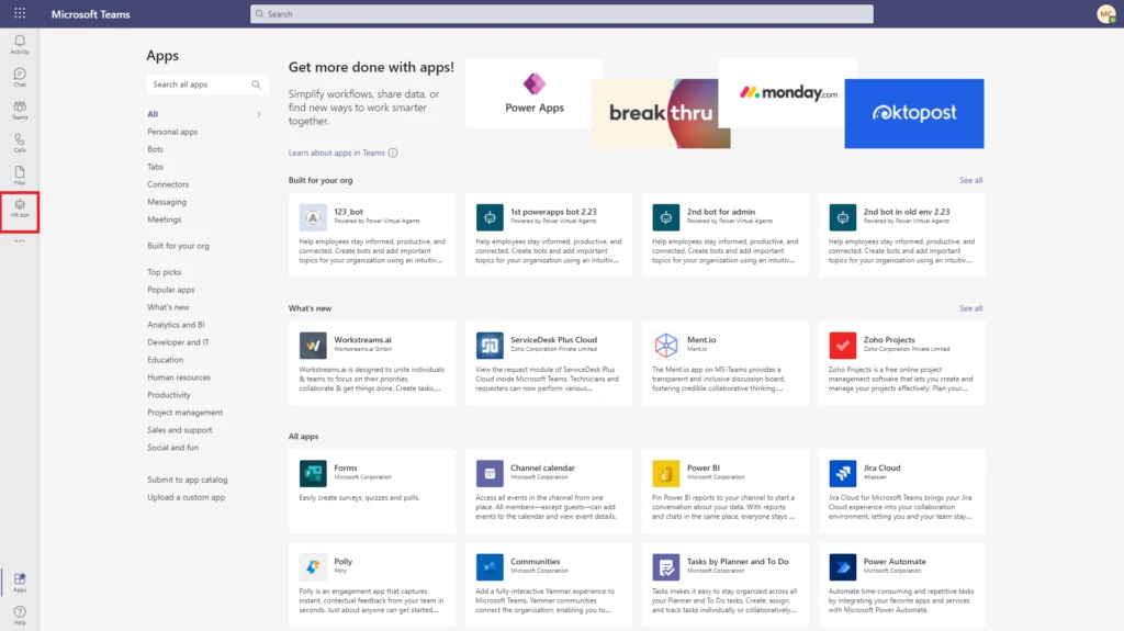 Figure 5 - Pre-pin bot in Microsoft Teams app bar