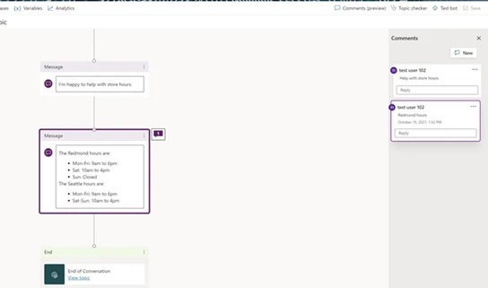 Screenshot of Power Virtual Agents Commenting