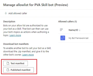Screenshot of Power Virtual Agents as a skill