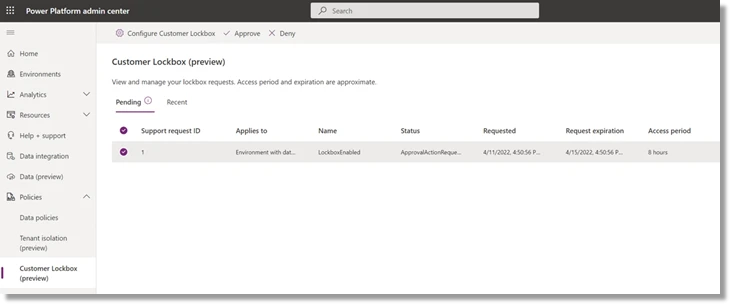 The customer lockbox feature capability. In the Power Platform admin centre, it shows a request that is pending to access the customer data that can be approved or denied.