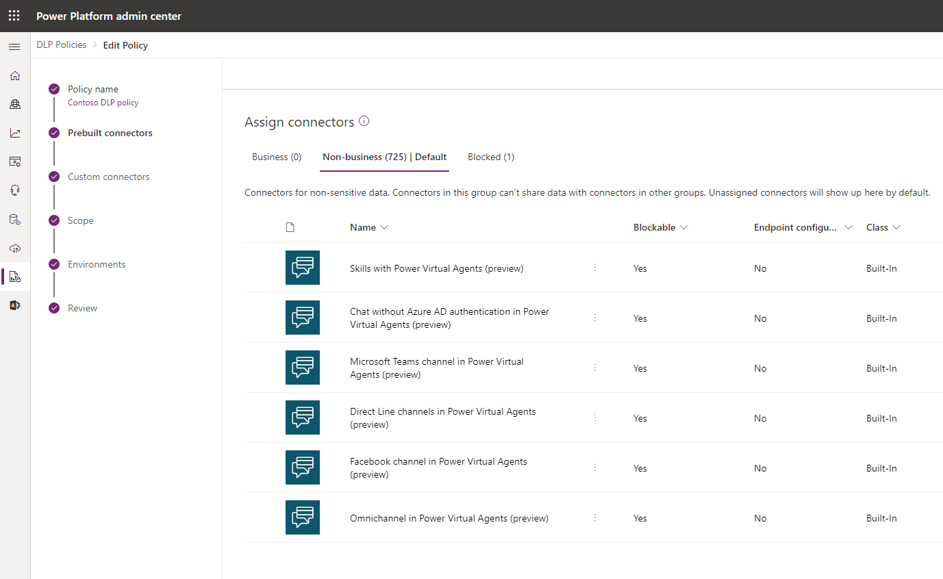 An example of the new data loss prevention support for Power Virtual Agents. It shows the 3 types of categories for data loss prevention policies, business, non-business and blocked. Non-business is being showcased with example blockable connectors like skills for Power Virtual Agents.