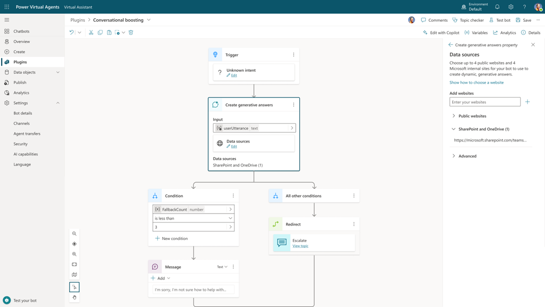 Screenshot showing the generative answers node.