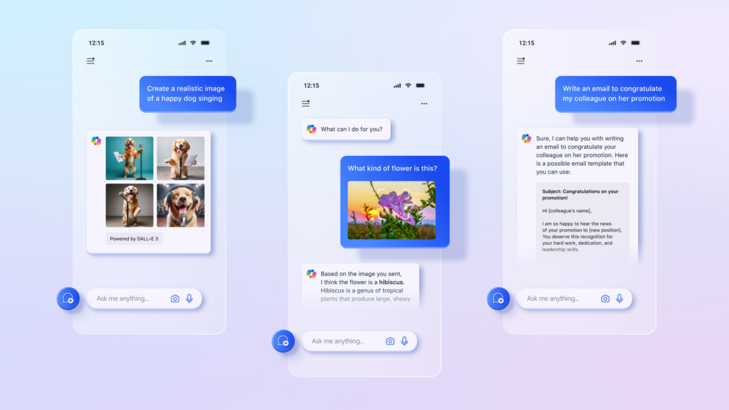 A graphic of prompts entered into the Microsoft Copilot app, examples of questions and requests submitted to the app with results from Copilot showing.