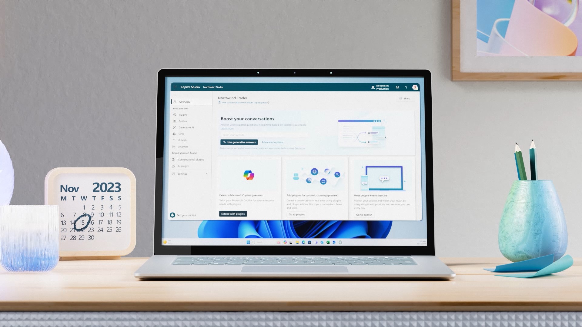 A Laptop on a desk with Microsoft Copilot Studio open