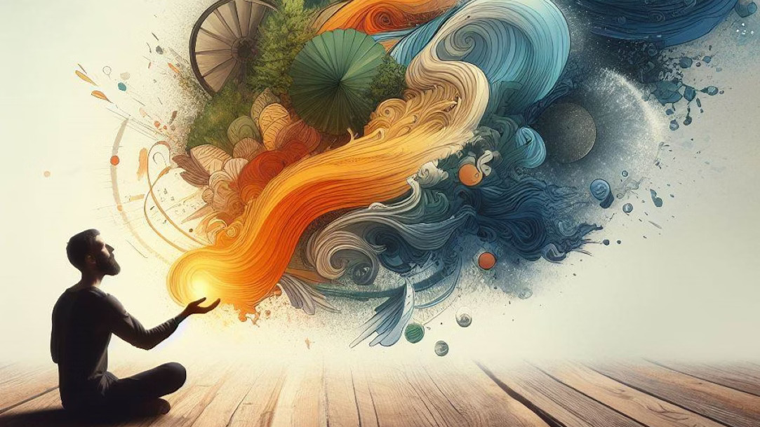 AI generated art depicting a person sitting on the ground with their arm outreached to a colorful graphic of shapes and swirls