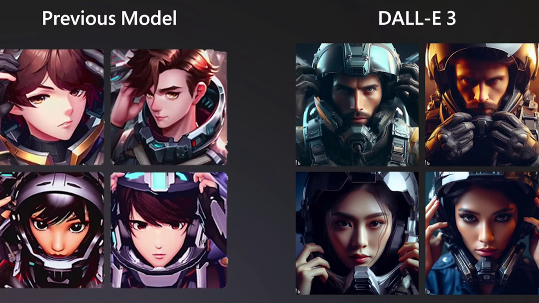 An example of the previous model of four animated characters next to the DALL-E3 after realistic animations