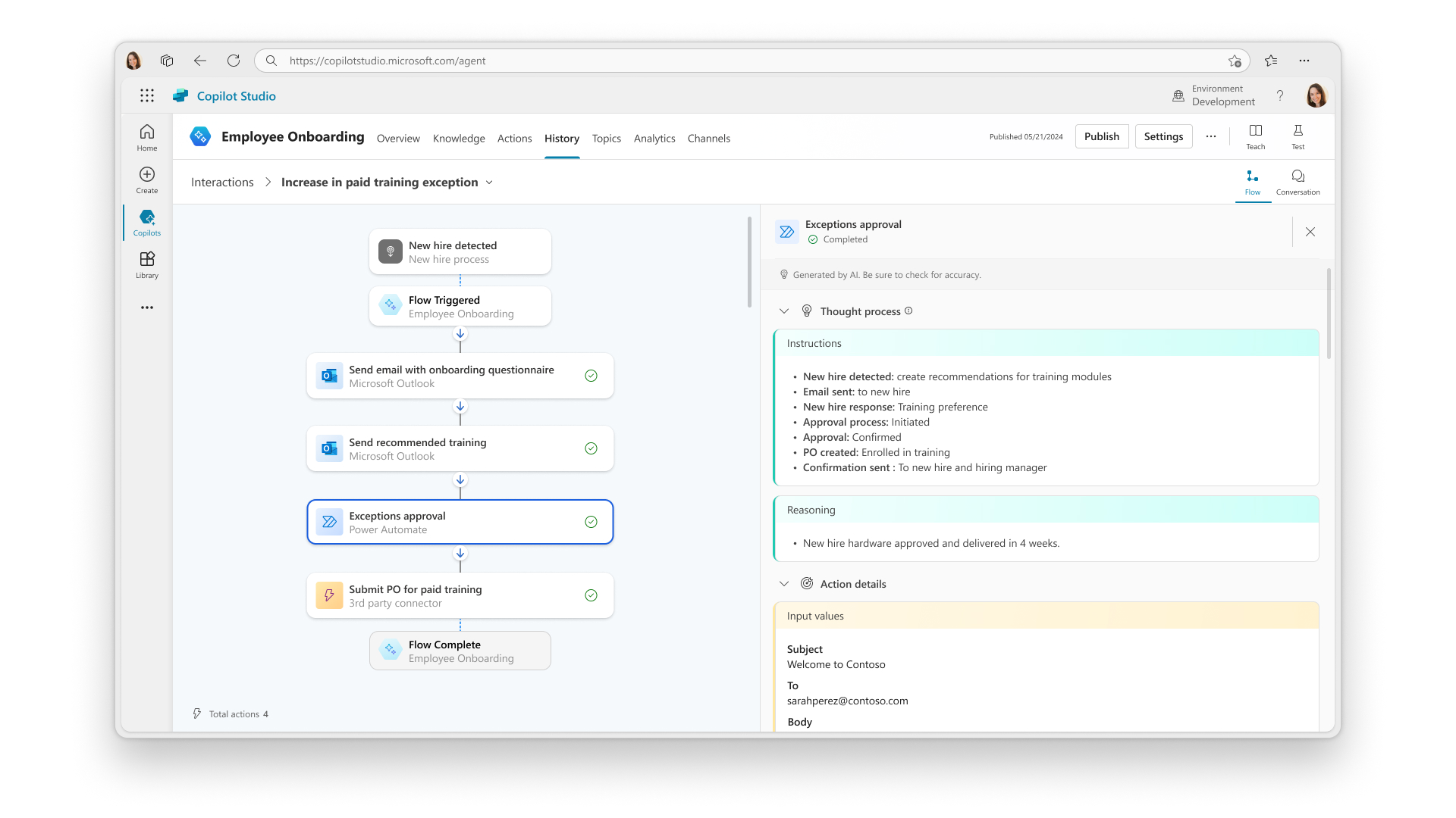 Screenshot of the in-product experience for training copilots with agent capabilities in Microsoft Copilot Studio