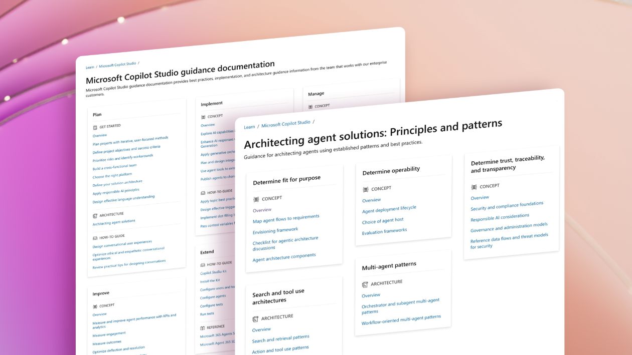 Two staggered webpages showing the Agent Architecture Guidance Hub and the Microsoft Copilot Studio Guidance Hub against a colorful background