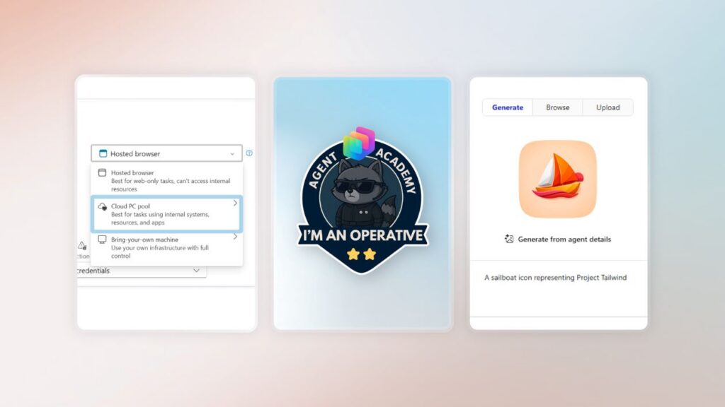 Three graphics on a gradient background: a dropdown menu within Copilot Studio, a Copilot Studio Agent Academy badge, and an AI‑generated agent icon from Agent Builder.