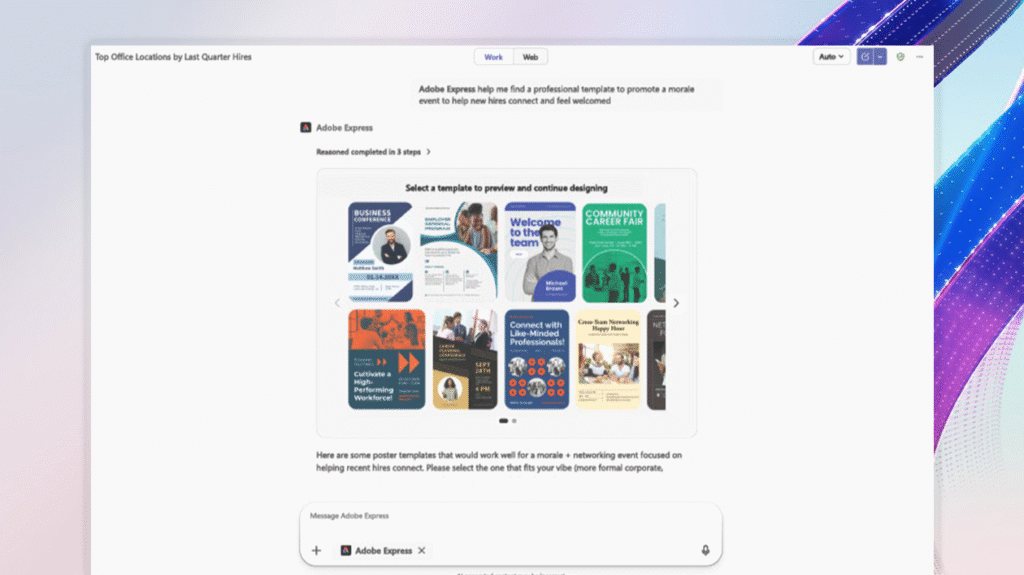 Microsoft 365 Copilot interface showing a chat titled "Top office locations by last quarter hires" and Adobe Express capability within the chat.