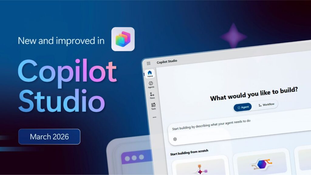 A dark blue graphic design background with the Copilot Studio logo and the text "New and improved in Copilot Studio: March 2026."