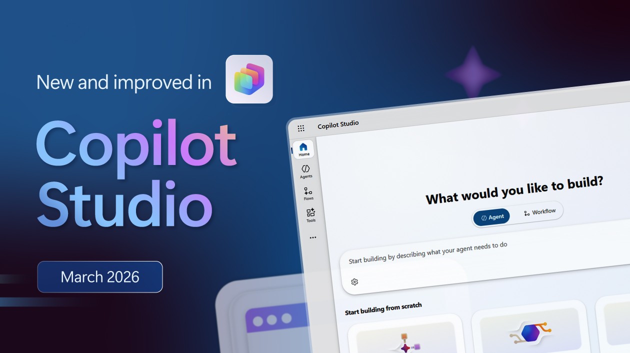 A dark blue graphic design background with the Copilot Studio logo and the text "New and improved in Copilot Studio: March 2026."