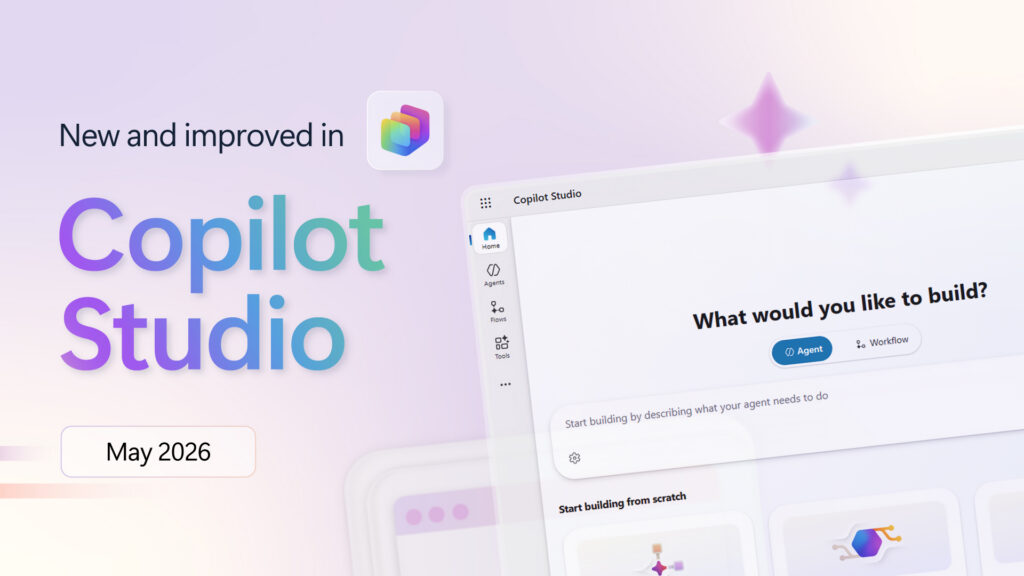 A light purple and pink graphic design background with the Copilot Studio logo and the text "New and improved in Copilot Studio: May 2026."