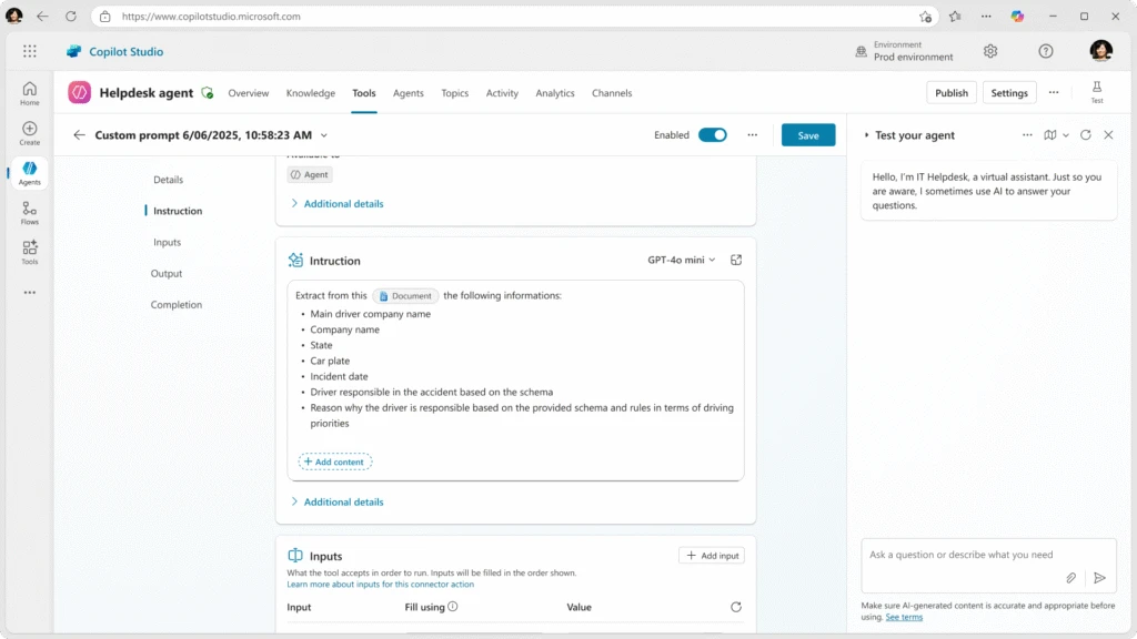 The immersive Prompt Builder inside a Helpdesk Agent. The user is building a prompt for the agent to extract customer information from a document.