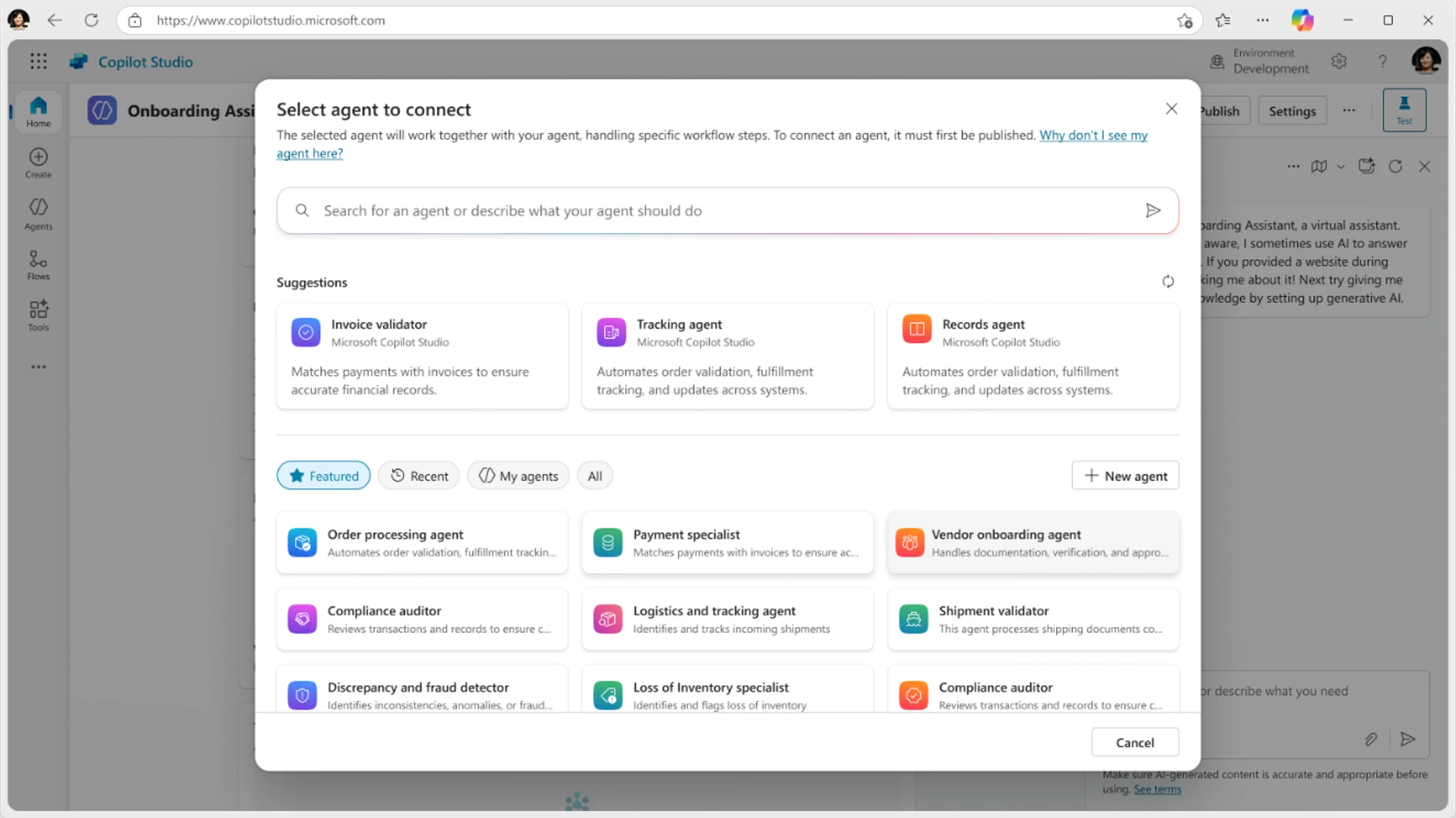 Copilot Studio screen called &ldquo;Select agent to connect,&rdquo; where you can connect multiple agents to work together.