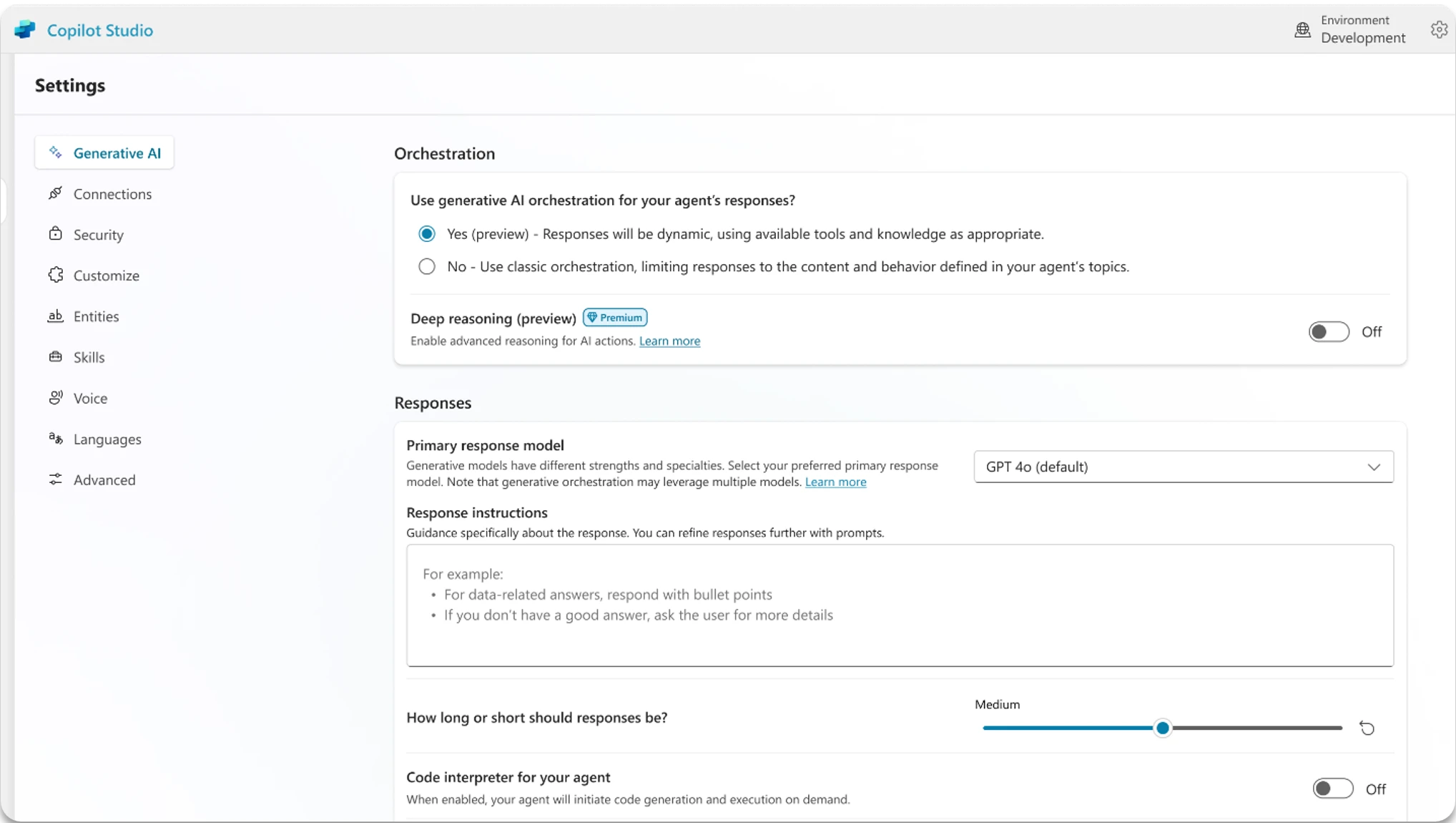 New maker controls in the Generative AI tab in Copilot Studio.