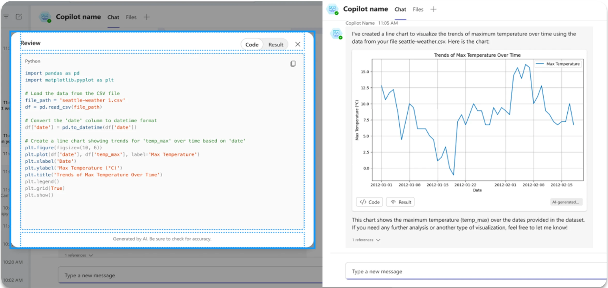 Code interpreter running Python code to generate a line chart.
