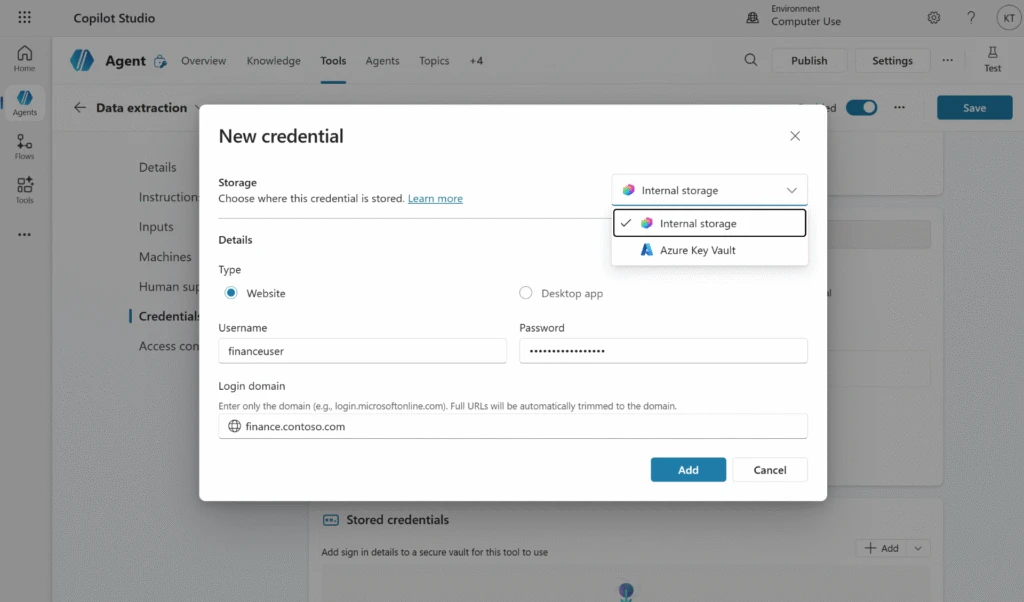 The &ldquo;Credentials&rdquo; tab in a computer-using agent, showing a pop-up box to add a new credential. There is a drop-down menu for Storage with two options: Internal storage and Azure Key Vault.