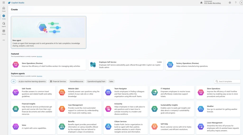 A screenshot of the Copilot Studio application within the create tab, showcasing a variety of agents.