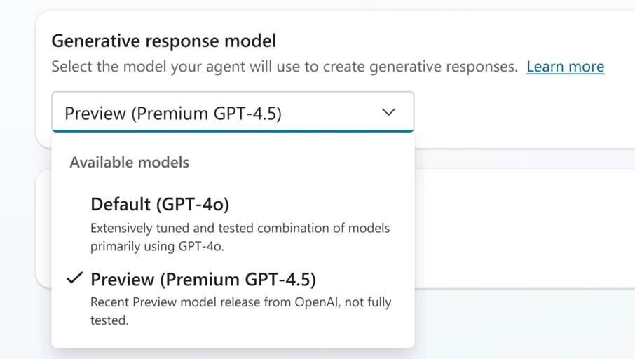 Screenshot of Copilot Studio dropdown called "Available Models," showing options to choose Default (GPT-4o) or Preview (Premium GPT-4.5)
