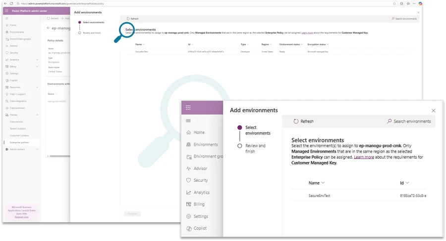 Screenshot of Power Platform Admin Center, outlining the option to pick an environment with CMK encryption