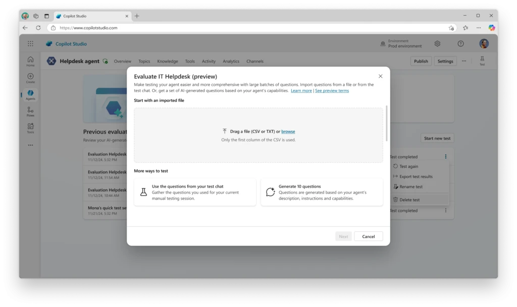 Evaluation test setup for an IT Helpdesk Agent
