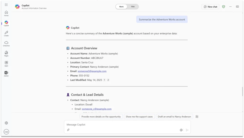 Screenshot of a Copilot agent pulling Dynamics 365 data in a chat using Dataverse