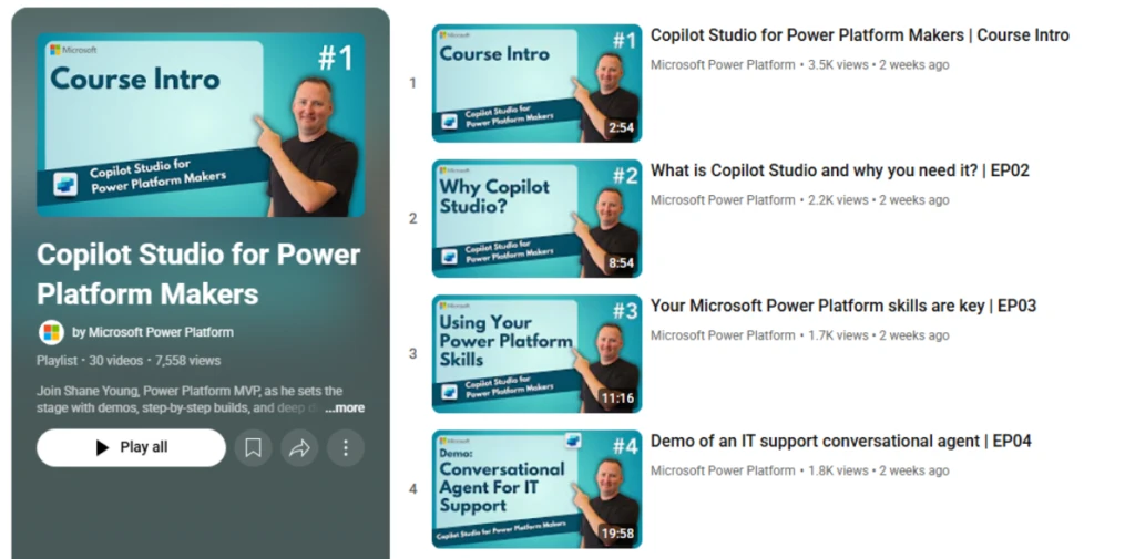 Screenshot of YouTube playlist called &ldquo;Copilot Studio for Power Platform Makers&rdquo;