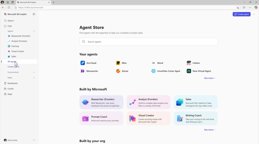 Screenshot of the Agent Store in Copilot Chat, showing a grid of &ldquo;your agents&rdquo; and available agents