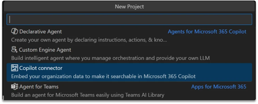  Screenshot of New Project in GitHub with &ldquo;Copilot connector: Embed your organization data to make it searchable in Microsoft 365 Copilot&rdquo; option highlighted