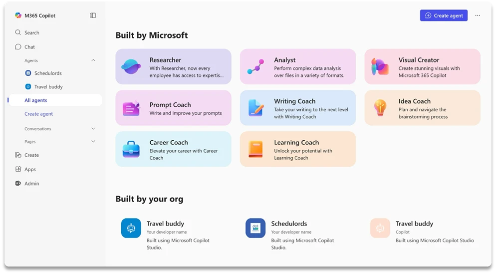 Screenshot of the M365 Copilot Agent Store, showing available agents