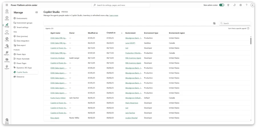 Screenshot of an agent inventory list inside the Power Platform admin center 