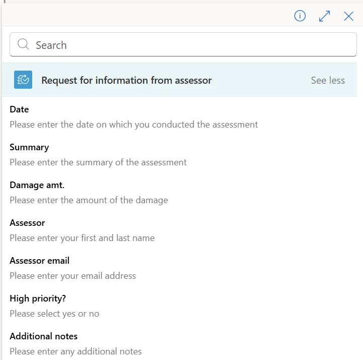 A screenshot showing request for information parameters that can be used in subsequent actions of the agent flow