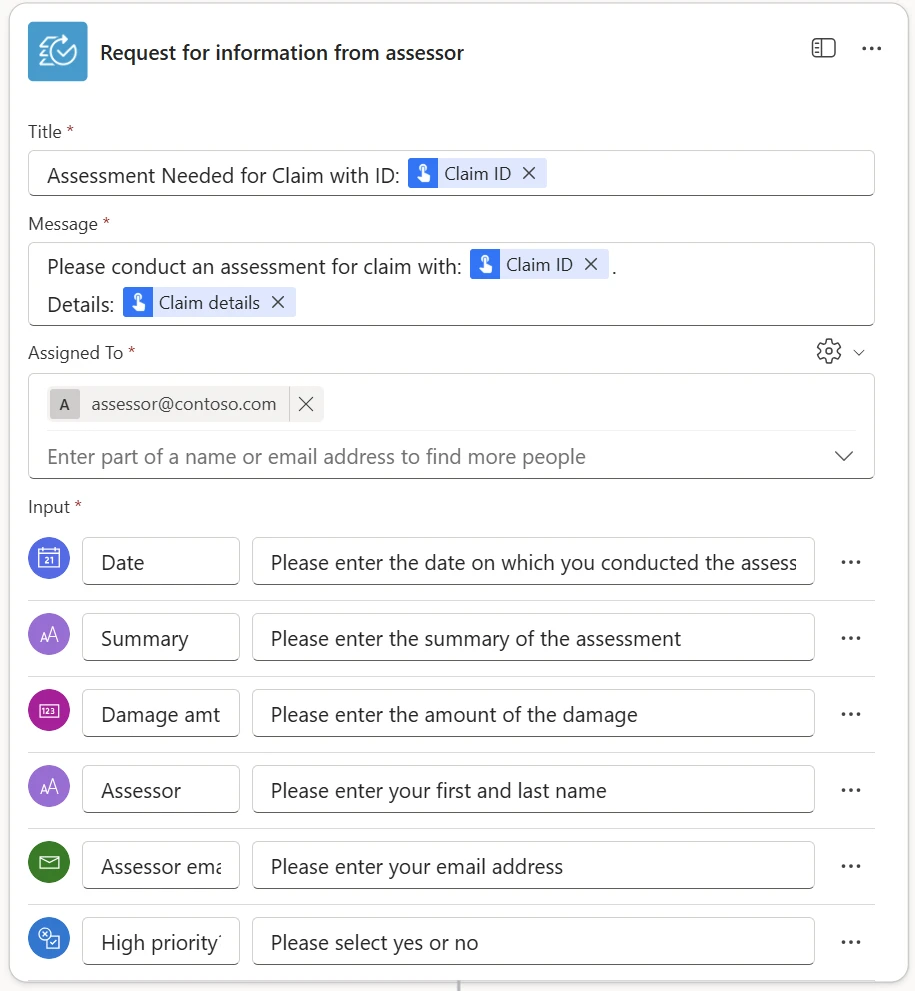 A screenshot showing a request for information action that seeks input from an assessor