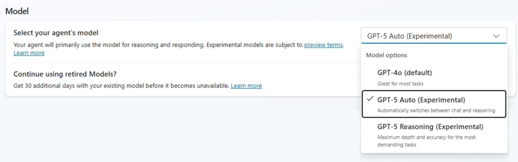 A screenshot showing how you can select your agent's model, with the user selecting the GPT-5 Auto (Experimental) model.