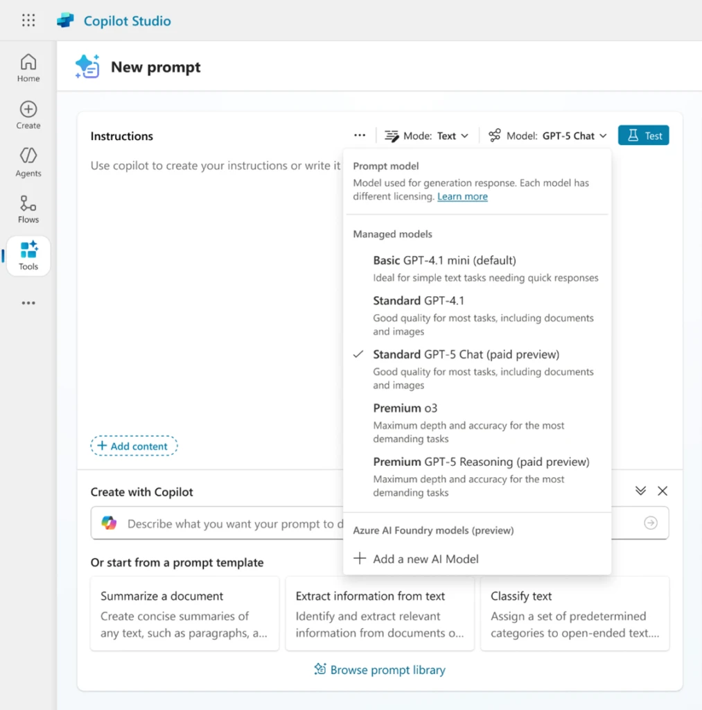 A screenshot from Copilot Studio of a user selecting Standard GPT-5 Chat (paid preview) from their managed models for their prompt model.