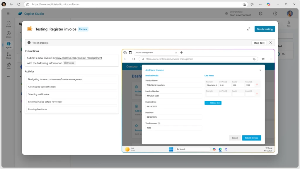A screenshot of an agent filling out an invoice using the computer use tool