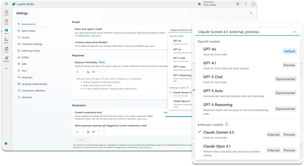 A screenshot with zoomed inset showing a user choosing Claude Sonnet 4.5 as their agent's model