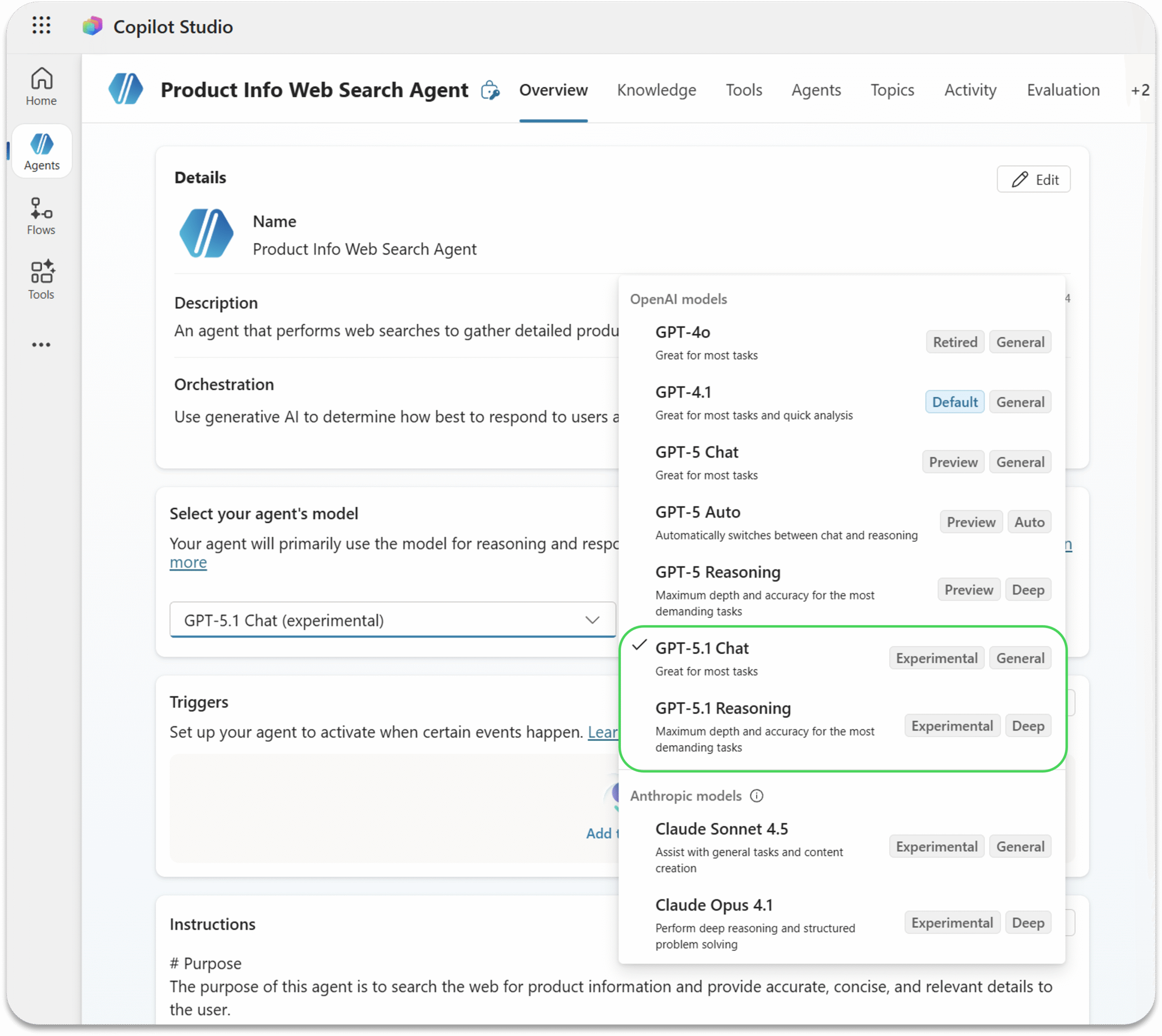 A screenshot of an agent's model choices, with GPT-5.1 Chat and GPT-5.1 Reasoning highlighted
