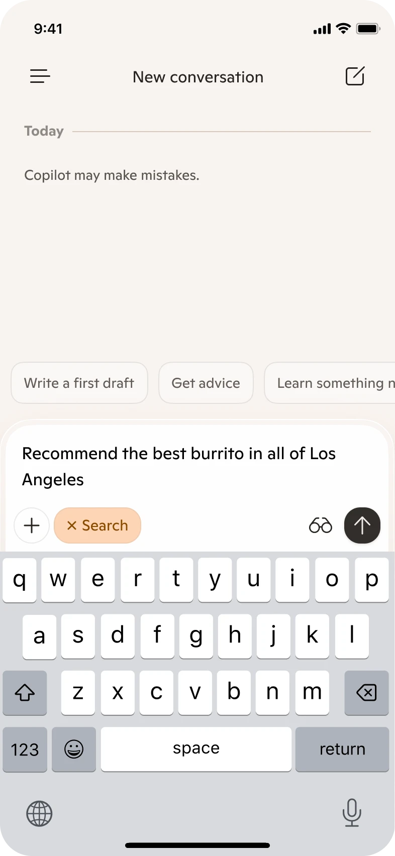 A mobile screen shows a user typing to ask Copilot to recommend the best burrito in all of Los Angeles.